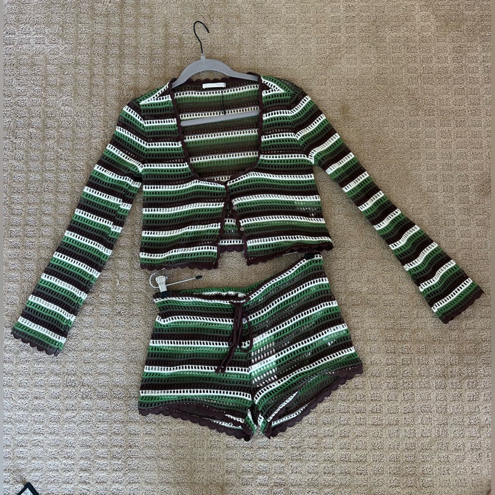 Zara Crochet Stripe Athletic Shorts in Green, Brown & White